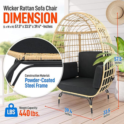 SereneLife Indoor/Outdoor Wicker Rattan Egg Chair with Cushions, Patio Hanging Egg Chair with Steel Frame, Washable Pillows, for Porch, Deck, Garden or Bedroom, 440 lbs. Capacity