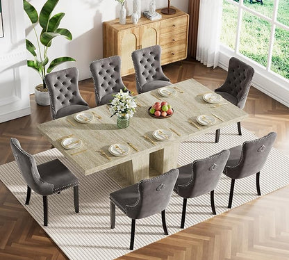 Goujxcy 9-Piece Extendable Dining Table Set for 8, 63-78 Inch Faux Travetine Kitchen Table Set with 8 Grey Upholstered Chairs Modern Wood Expandable Dining Room Table Set for Kitchen Apartment