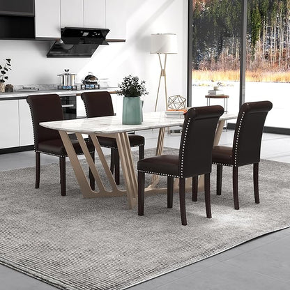 Westice Dining Room Chairs Set of 4 Upholstered PU Leather Kitchen Chairs Dining Room Side Chair with Nailhead Trim and Rubber Wood Legs for Small Space Apartment, Brown