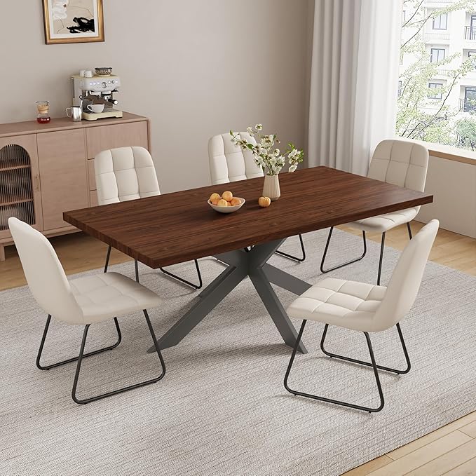 ZckyCine Expandable Dining Table Set for 6-8 People, Modern Rectangular Kitchen Table, 63"-79" Extendable, Walnut Finish, Metal Frame, 6 PU Leather Cushioned Chairs, Easy Assembly