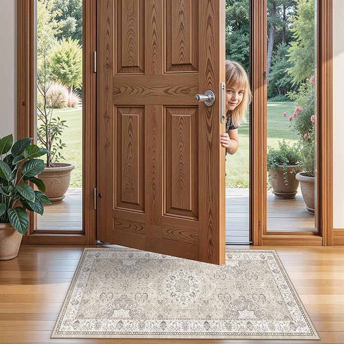 Washable 2x4 Entryway Area Rugs: Vintage Water Resistant Kitchen Rug Non-Slip Durable Doormat Ultra Soft Living Room Bedroom Carpet Indoor Low Pile Floor Mat for Bathroom Dining Room(2x4,Beige)