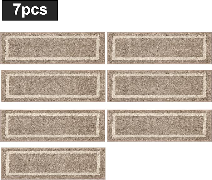 COSY HOMEER Soft Stair Treads Non-Slip Carpet Mat 28inX9in Indoor Stair Runners for Wooden Steps, Stair Rugs for Kids and Dogs, 100% Polyester TPE Backing 7pcs,Beige,Square