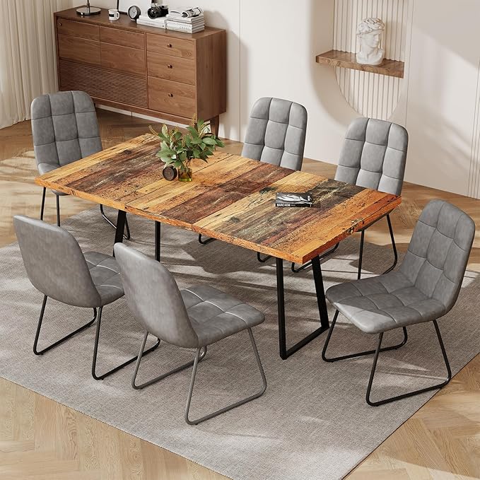 ZckyCine Extendable Dining Table Set 47"-63", Rustic Wood Table with 6 PU Leather Chairs, Modern Scandinavian Dining Room Furniture for Kitchen Apartment
