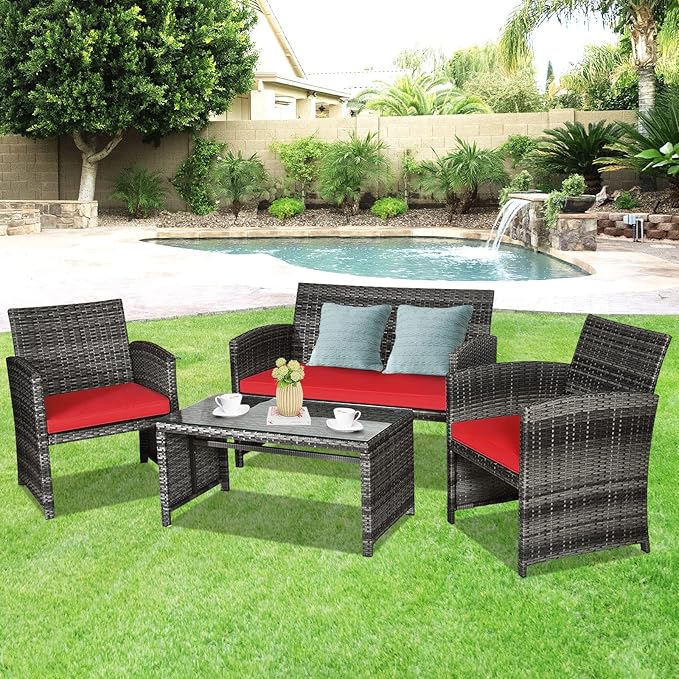 Goplus 4-Piece Rattan Patio Furniture Set, Outdoor Wicker Conversation Sofa with Weather Resistant Cushions and Tempered Glass Tabletop for Lawn Backyard Pool Garden (Red)