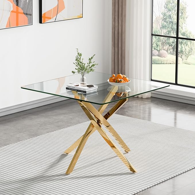 Goujxcy 5 Piece Glass Dining Table Set Modern Small Glass Dining Table Set for 4, 35.43" Square Kitchen Table and 4 Velvet Upholstered Chairs for Kitchen Dining Room, Gold & Black