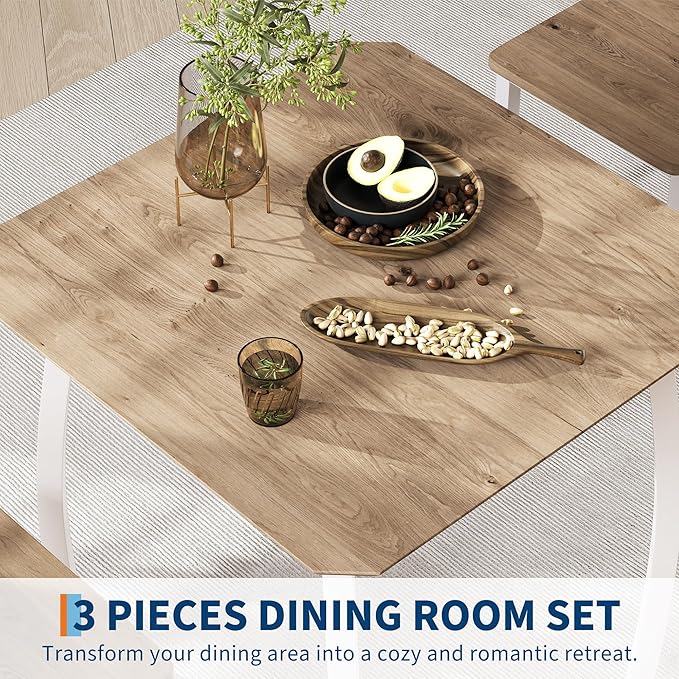 GAOMON Dining Table Set for 2, 3 Piece Small Kitchen Table and 2 Chairs with Metal Frame & Wood Grain Tabletop, Space-Saving for Small Space, Apartment, Kitchen, Dining Room, White/Natural