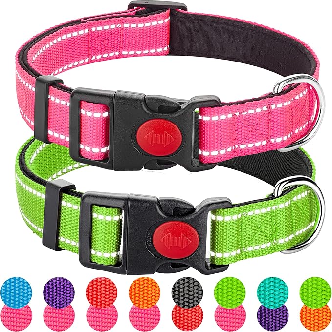 2 Pack Reflective Dog Collars for Medium Dogs Girl Boys,Female Male,Nylon Dog Collars for Puppy Small Large Dogs with Quick Release Safety Buckle, Durable Padded Soft Neoprene Dog Collar,Pink,Green,M