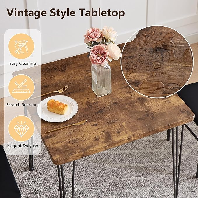 VECELO 3-Piece Dining Table Set for Home Kitchen Small Space Breakfast Nook, 2 Faux Leather Metal Frame Chairs, Classic Brown,Set for 2