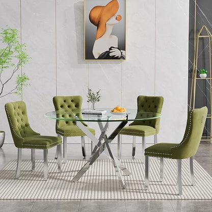 Goujxcy 5 Piece Round Glass Dining Table Set for 4, 47" Round Dining Table & Chair Set Modern Circle Glass Kitchen Table and 4 Velvet Upholstered Chairs for Kitchen Dining (Silver & Olive-Green)