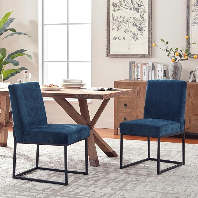 VKNOW Upholstered Dining Chairs Set of 2, Modern Dining Room Chairs, Linen Kitchen Chair Dinner Chair with Black Metal Base for Kitchen Office, Blue-Unstriped