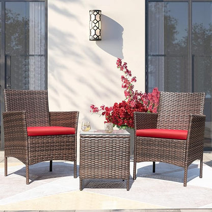 Greesum 3 Pieces Patio Furniture Sets Outdoor PE Rattan Wicker Chairs with Soft Cushion and Glass Coffee Table for Garden Backyard Porch Poolside, Brown and Red