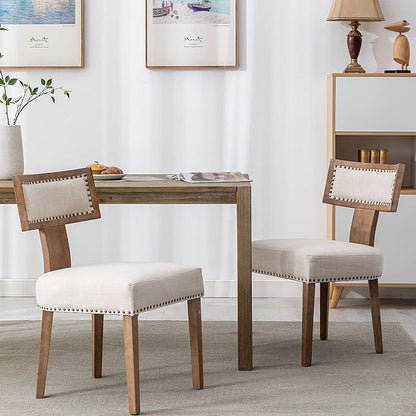 Mid Century Modern Dining Chairs Set of 6 Linen Fabric Upholstered Kitchen Side Chairs with Nailhead Trim, Modern Kitchen Armless Solid Wood Dining Chairs, Beige