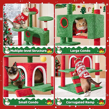 Yaheetech 54in Christmas Cat Tree, Multi-Level Cat Tower with Spacious Kitten-Ear Perch, 2 Cozy Caves, Scratching Posts, Climbing Ladder, 2 Plush Balls for Indoor Kittens, Red/Green