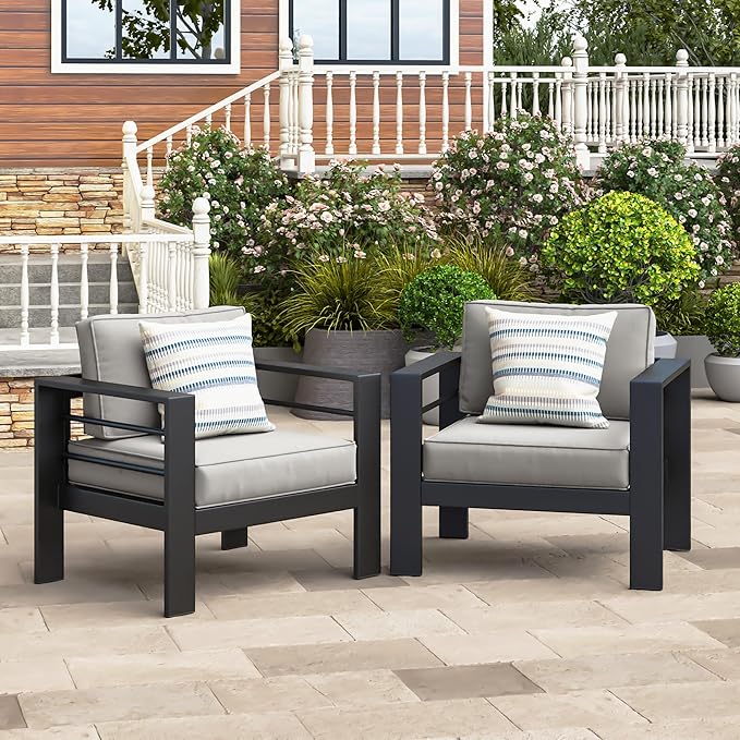 Wisteria Lane Patio Furniture Metal Armchair Set of 2, Metal Outdoor Chairs with Upgraded Cushions, All-Weather Outdoor Single Sofa for Balcony, Garden, Deck, Backyard, Light Grey