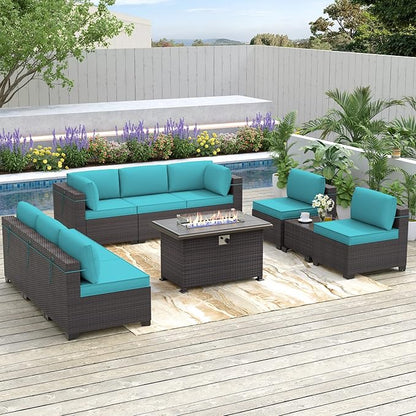 Kurapika 10 Pieces Patio Furniture Set, Rattan Wicker Outdoor Conversation Sets w/43in Propane Fire Pit Table and 4 Inch Cushion(Blue)