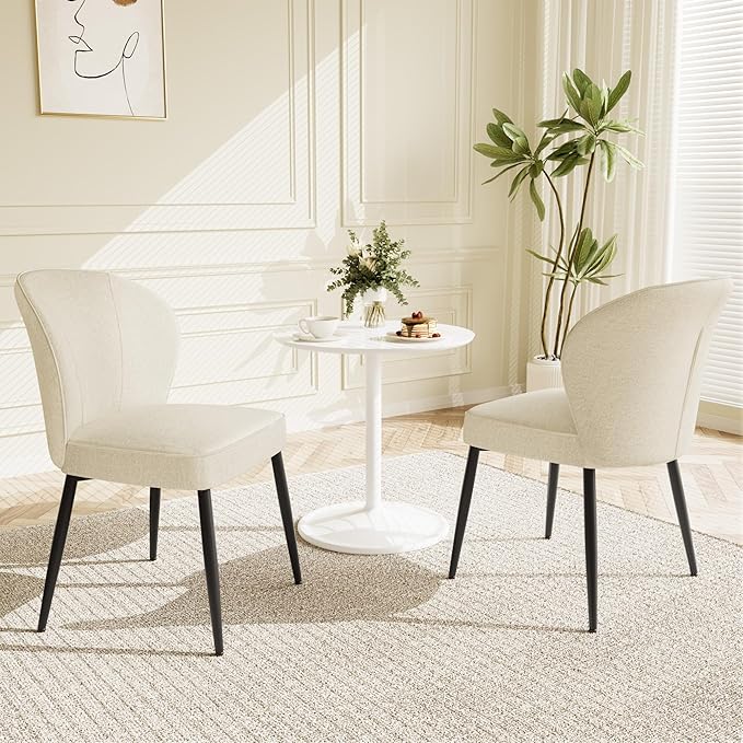 Dining Chairs Set of 2, Modern Fabric Dining Room Chairs with Curved Backrest Well-Padded Seat, Upholstered Kitchen Chairs for Living Dining Room, White