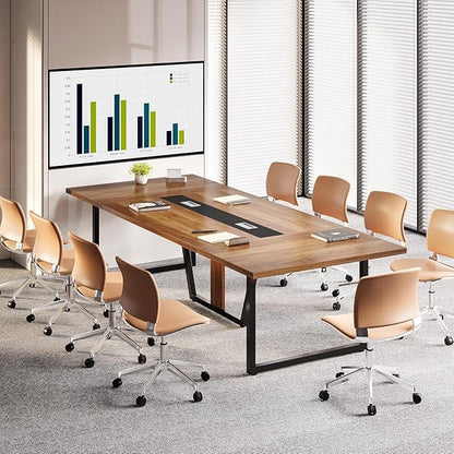 LITTLE TREE 8FT Conference Table for 10 People, Large Meeting Table, Modern Conference Room Tables with Cable Management, Training Tables with Strong Metal Legs for Office, Brown