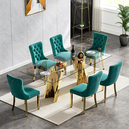 Goujxcy 70" Glass Dining Table Set for 6, Modern Gold Dining Table Set with 6 Green Velvet Upholstered Dining Chairs, 7 Piece Kitchen Dining Room Table Set with Stainless Steel Legs