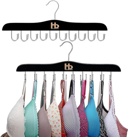 Large Bra Hanger and Bra Organizer for Closet – Tank Top Hanger Space Saving for House, Dorm, Apartment - Foldable Wooden for Closet Organizer– with 20 Hooks, Lotus Wood, Black, 2 Pack