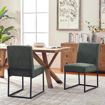 VKNOW Upholstered Dining Chairs Set of 2, Modern Dining Room Chairs, Linen Kitchen Chair Dinner Chair with Black Metal Base for Kitchen Office, Green-Unstriped