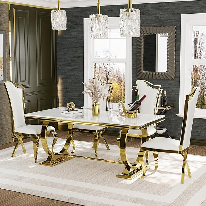 Asday White and Gold Dining Table, 72 inch Dining Room Table with Polished Stainless Steel U-Base for 4-8