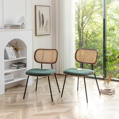 Rattan Dining Chairs Set of 4, Christmas Chair Mid Century Modern Dining Chairs with Cane Back for Kitchen Dining Room, 19 Inch Fabric Green