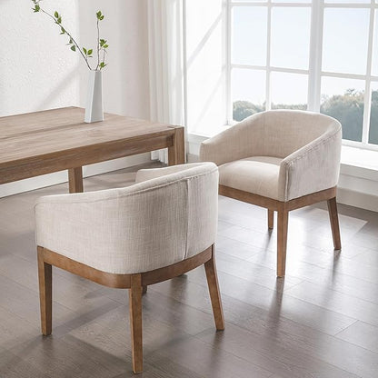 Dining Chairs Set of 6 Mid-Century Modern Dining Chairs, Linen Upholstered Kitchen Dining Room Chairs, Curved Backrest Dining Chair with Wood Legs, Beige