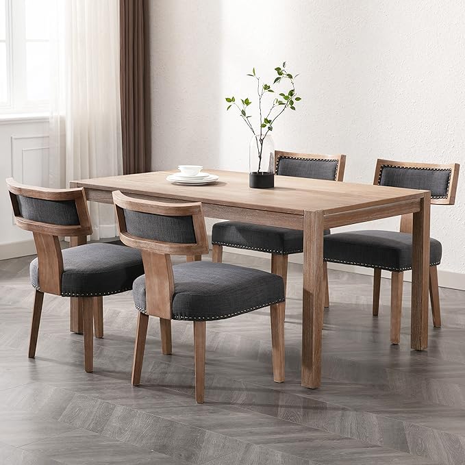 Mid Century Modern Dining Chairs Set of 2 Linen Fabric Upholstered Kitchen Side Chairs with Nailhead Trim, Modern Kitchen Armless Solid Wood Dining Chairs, Charcoal