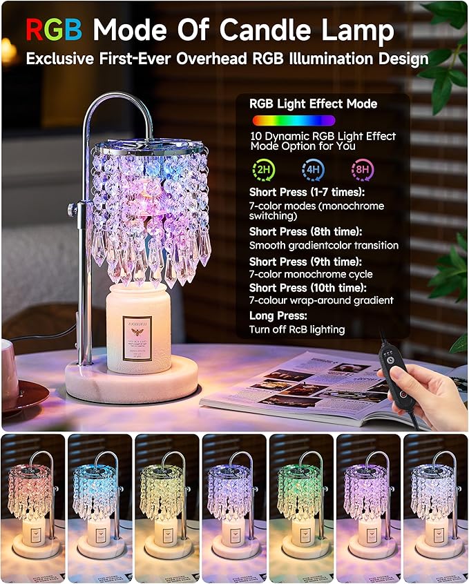 Candle Warmer Lamp with Timer Dimmer and 3 Bulbs, Candle Lamp Warmer with RGB Mode for Adjustable Height, Crystal Candle Lamp for Jar Candles, House Warming Gifts Home Room Decor, RGB Silver