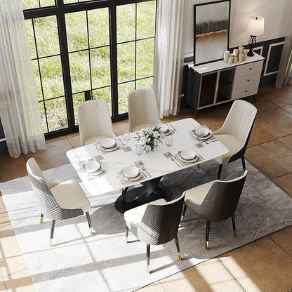 POVISON 71" Modern Dining Table for 4-6 People, Matte White Sintered Stone Table Top with X-Shape Carbon Steel Pedestal, Large Rectangular Table for Kitchen Living Room