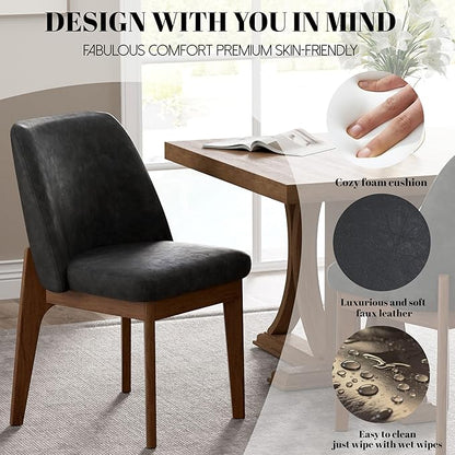 VKNOW Modern Dining Chairs Set of 2, Faux Leather Kitchen Chairs with Wood Legs, Upholstered Side Chair for Kitchen Dining Room, Black