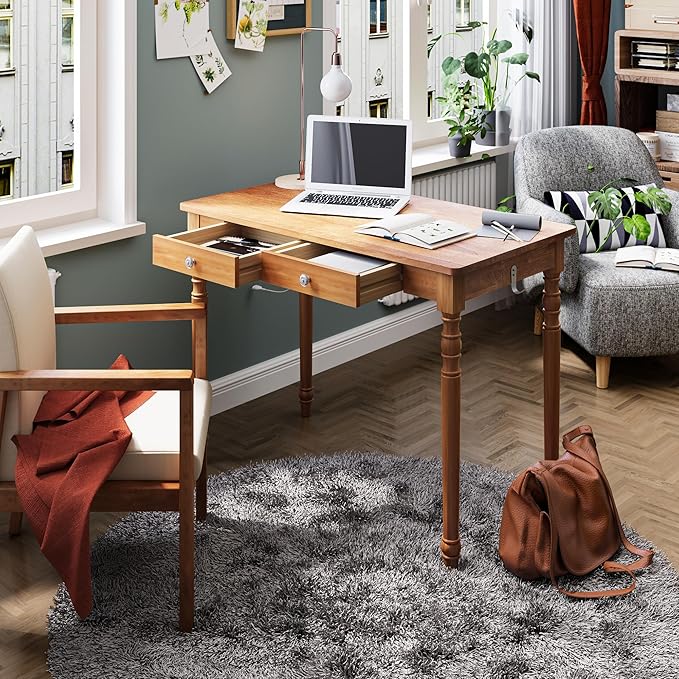 40 Inch Mid Century Modern Desk - Rubber Wood Desk with Drawers, Writing Desks with Drawers, Mid Century Desks for Bedroom, Living Room & Office, Walnut Color