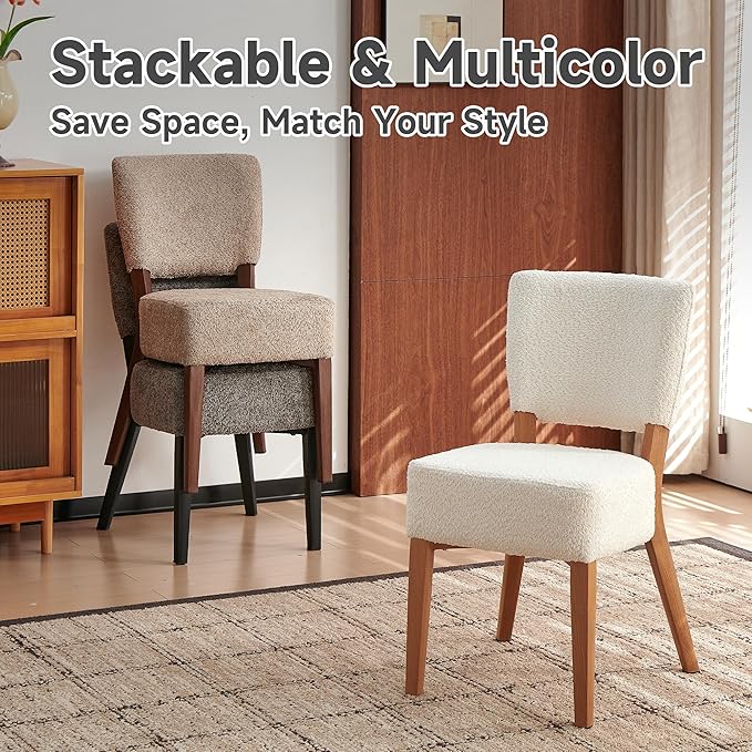 Howtek Modern Dining Chairs Set of 2 with 6.3" Thick Seat Cushions, Space-Saving Stackable Upholstered Kitchen Chairs, Ergonomic Backrest & Wood Grain Metal Legs, Brown