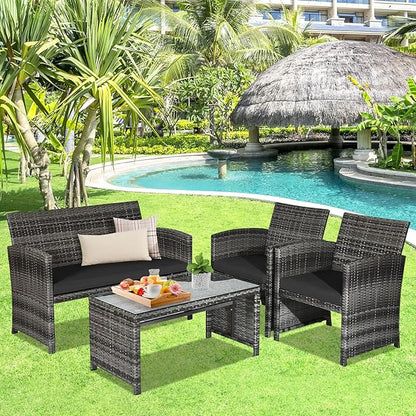 Goplus 4-Piece Rattan Patio Furniture Set, Outdoor Wicker Conversation Sofa with Weather Resistant Cushions and Tempered Glass Tabletop for Lawn Backyard Pool Garden (Black)