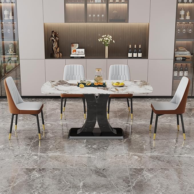 Modern Dining Table Set for 4, Marble Kitchen Table Chair Set for 4, Rectangular Kitchen Table with 4 Pu Leather Upholstered Chair for Dining Room (Brown-C, White Table Set for 4)