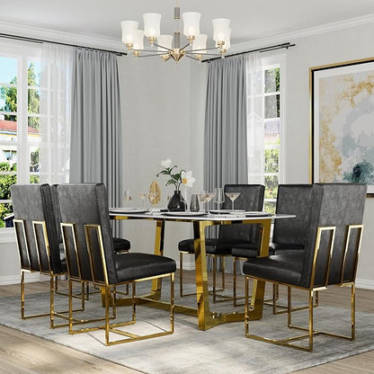 AUZ Black and Gold Faux Leather Dining Chairs Set of 6, Mid-Century Modern Luxury Upholstered Kitchen Room Chairs with Polished Stainless Steel Sled Legs