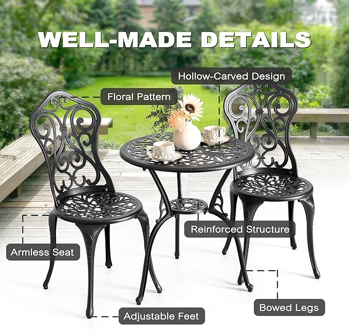 NUU GARDEN 3 Pieces Patio Bistro Set, Outdoor Bistro Set with 2 Chairs, Round Table with Umbrella Hole, All-Weather Outdoor Patio Bistro Set for Garden, Lawn, Poolside, Porch, Black