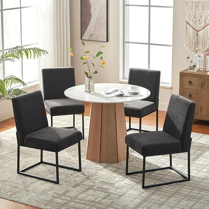 VKNOW Upholstered Dining Chairs Set of 4, Modern Dining Room Chairs, Linen Kitchen Chair Dinner Chair with Black Metal Base for Kitchen Office, Dark Grey-Unstriped