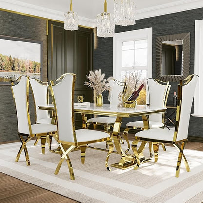 Asday White and Gold Dining Table, 72 inch Dining Room Table with Polished Stainless Steel U-Base for 4-8