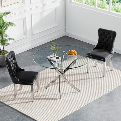 Goujxcy 3 Piece Round Glass Dining Table Set for 2, 36" Round Dining Table & Chair Set Modern Circle Glass Kitchen Table and 2 Velvet Upholstered Chairs for Kitchen Dining (Silver Table & Black Chair)