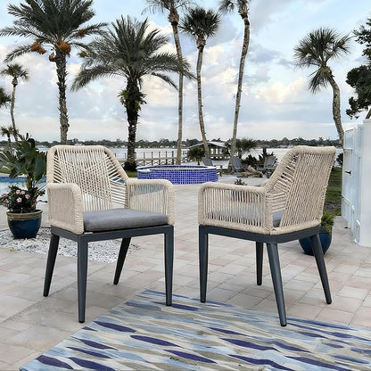 PURPLE LEAF Patio Dining Chair Set 2 Pieces Metal Modern Furniture Seating for Garden Kitchen Porch Outdoor Rattan Dining Chairs with Armrests and Cushions, Dark Grey