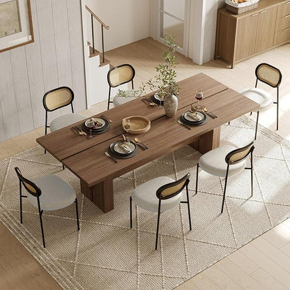 Rattan Dining Chairs Set of 4, Beige Leather Upholstered Dining Chairs with Rattan Cane Back, Mid Century Modern Dining Room Chairs with Black Metal Legs & D-Shaped Thicken Cushion, Beige