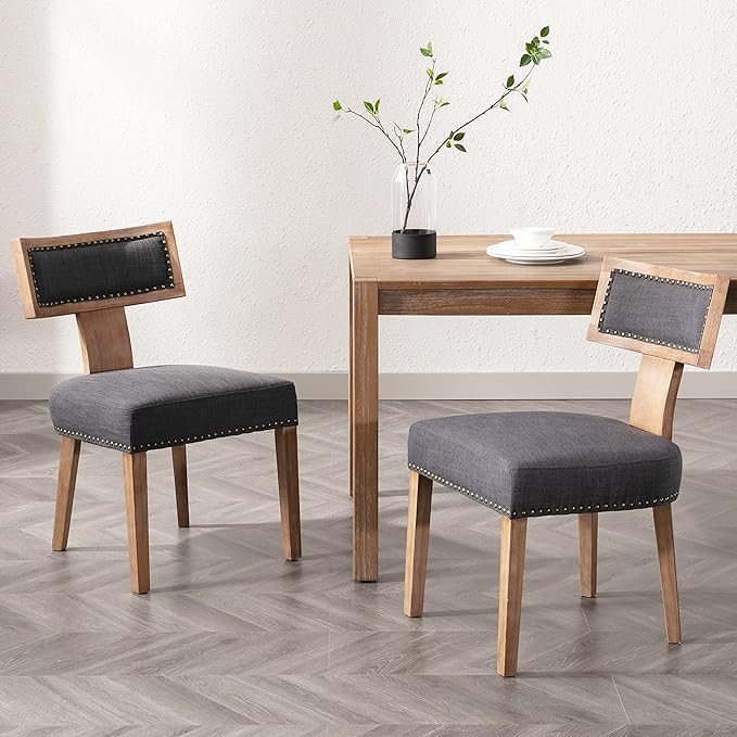 Mid Century Modern Dining Chairs Set of 2 Linen Fabric Upholstered Kitchen Side Chairs with Nailhead Trim, Modern Kitchen Armless Solid Wood Dining Chairs, Charcoal