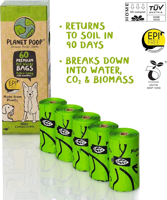PLANET POOP Home Compostable Dog Poop Bags Extra-Long with Handles 60 Un-Scented Pet Waste Bags Plastic Free, Thick Leakproof Plant-Based Doggy Bag, Cats & Dogs Pet Supplies