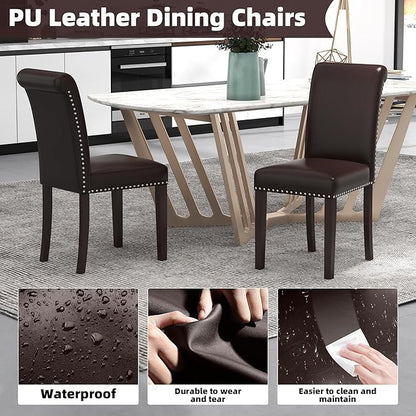 Westice Dining Room Chairs Set of 6 Upholstered PU Leather Kitchen Chairs Dining Room Side Chair with Nailhead Trim and Rubber Wood Legs for Small Space Apartment, Brown