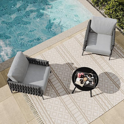 East Oak 3-Piece Patio Furniture Set | Armchairs & Coffee Table | Outdoor Furniture with Cushions | Deep Seating Modern Conversation Set | Garden, Porch, Balcony & Backyard | Misty Grey