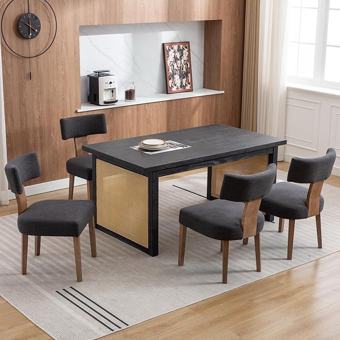 Linen Dining Chairs Set of 6, Modern Dining Chair with Curved Backrest and Wood Legs Upholstered Dining Chairs Farmhouse Dining Room Chairs Kitchen Chairs, Charcoal