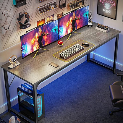 Huuger Computer Desk, 70 Inch Office Desk, Gaming Desk with Storage, Writing Desk Work Desk for Home Office, Study, Long Simple Desk, Large Legroom, Metal Frame, Grey