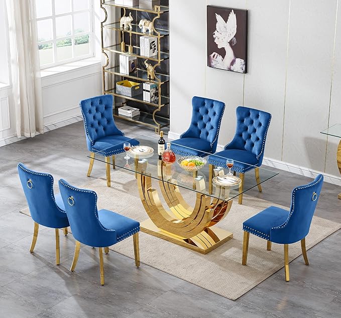 7 Piece Dining Table Set with 6 Blue Dining Chairs, Modern Glass Kitchen Table and Chairs Set for 6, 70" Rectangle Gold Glass Pedestal Dining Room Tables with Ring-Shape Stainless Steel Base