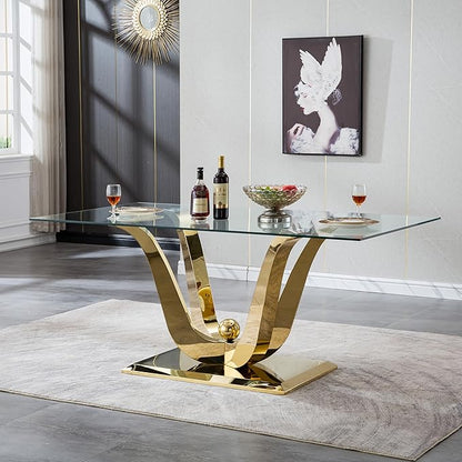 70" Modern Gold Glass Dining Table Set for 6, 7-Piece Rectangle Kitchen Dining Room Table Set with Steel Base & 6 Grey Velvet Upholstered Chairs, Modern Glass Kitchen Table and Chairs Set of 6